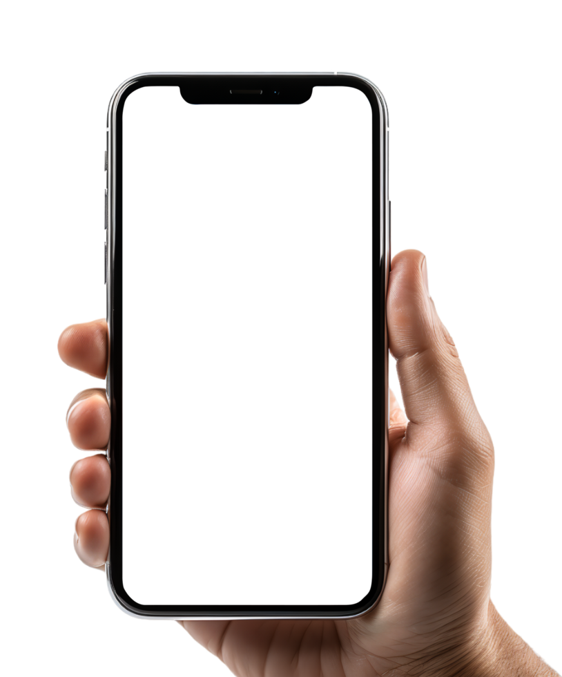 AI generated cell phone mockup held in hand, blank screen isolated on transparent background, generative ai png