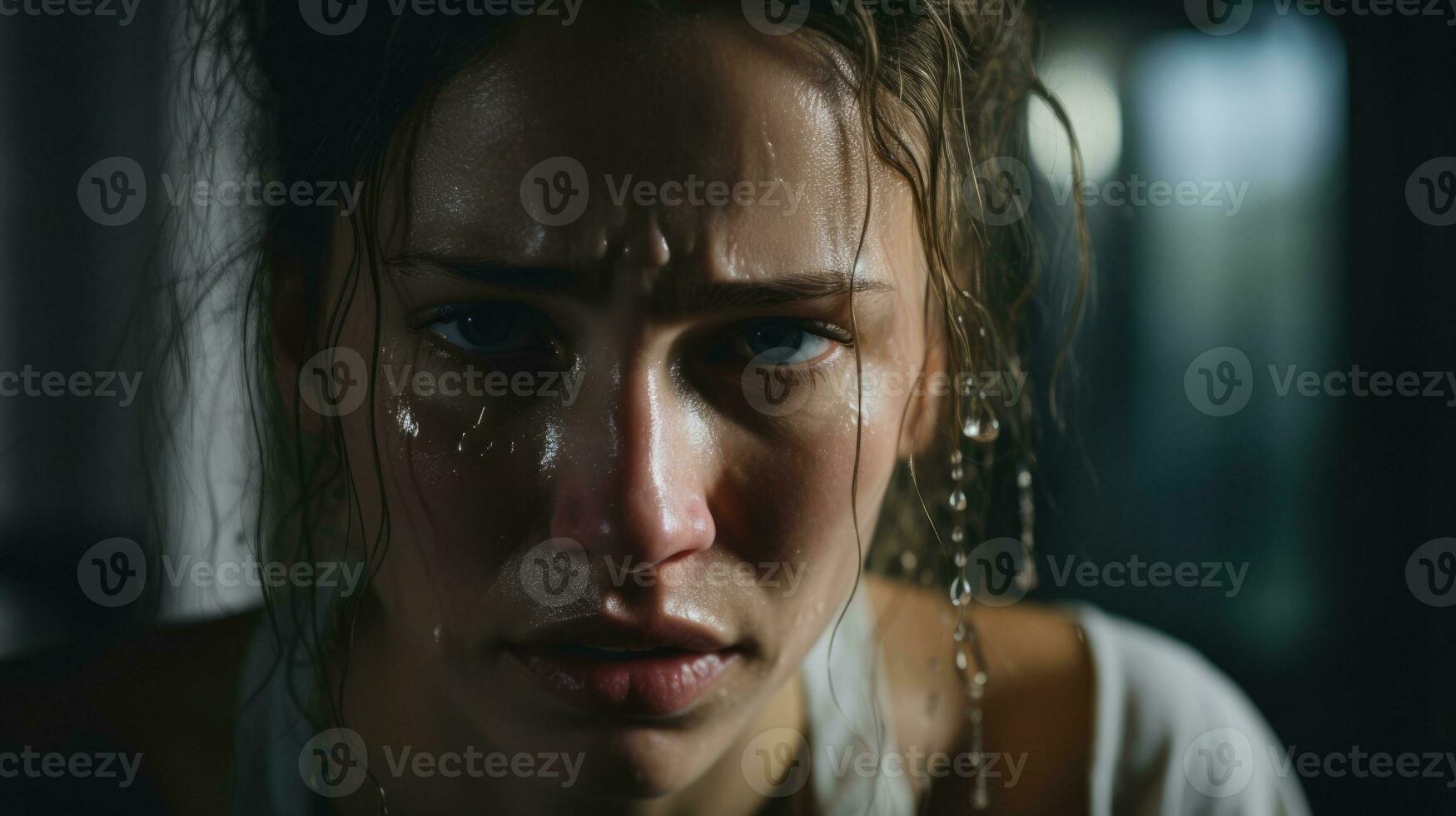 AI Generated Loneliness sadness white fashion beauty portrait rain face window person wet caucasian photo