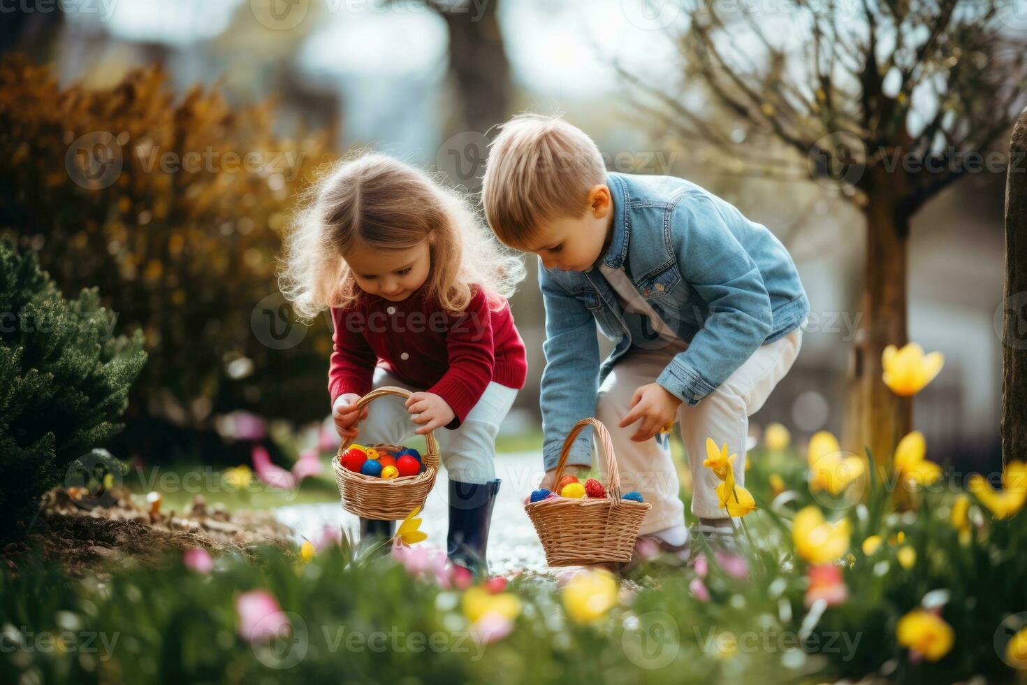 AI Generated Watering friends baby hyacinth preschooler family grass boy brother gardening spring photo