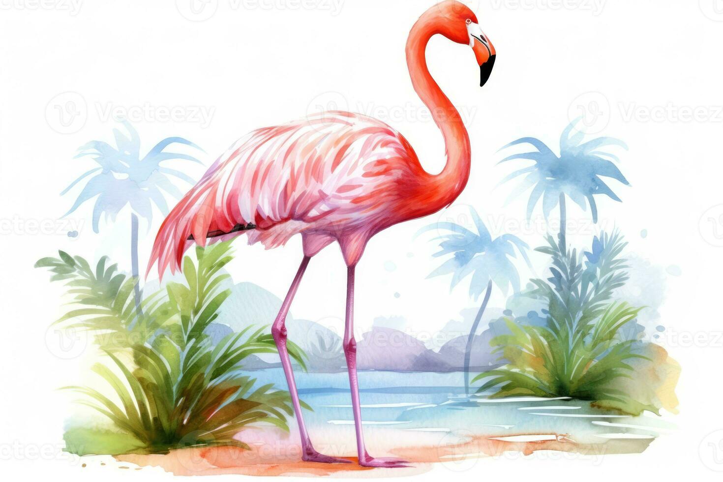 AI Generated Nature tropic watercolor summer decor colorful exotic bird animal wildlife pink wild photo