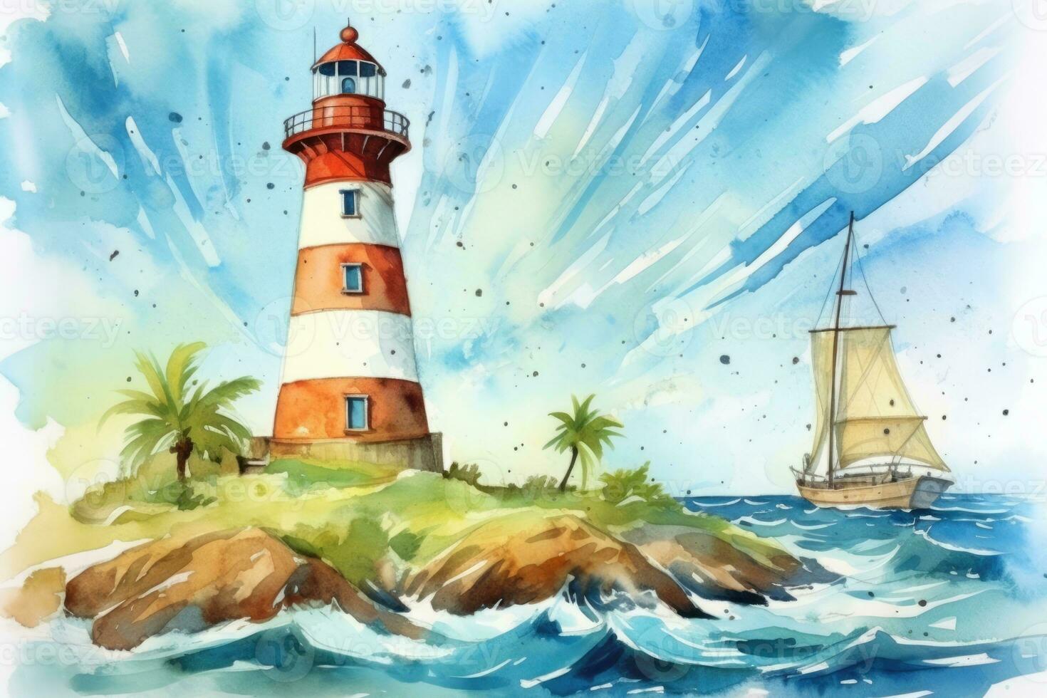 AI Generated Sky nautical travel sea blue navigation art watercolor coast ocean water beacon photo