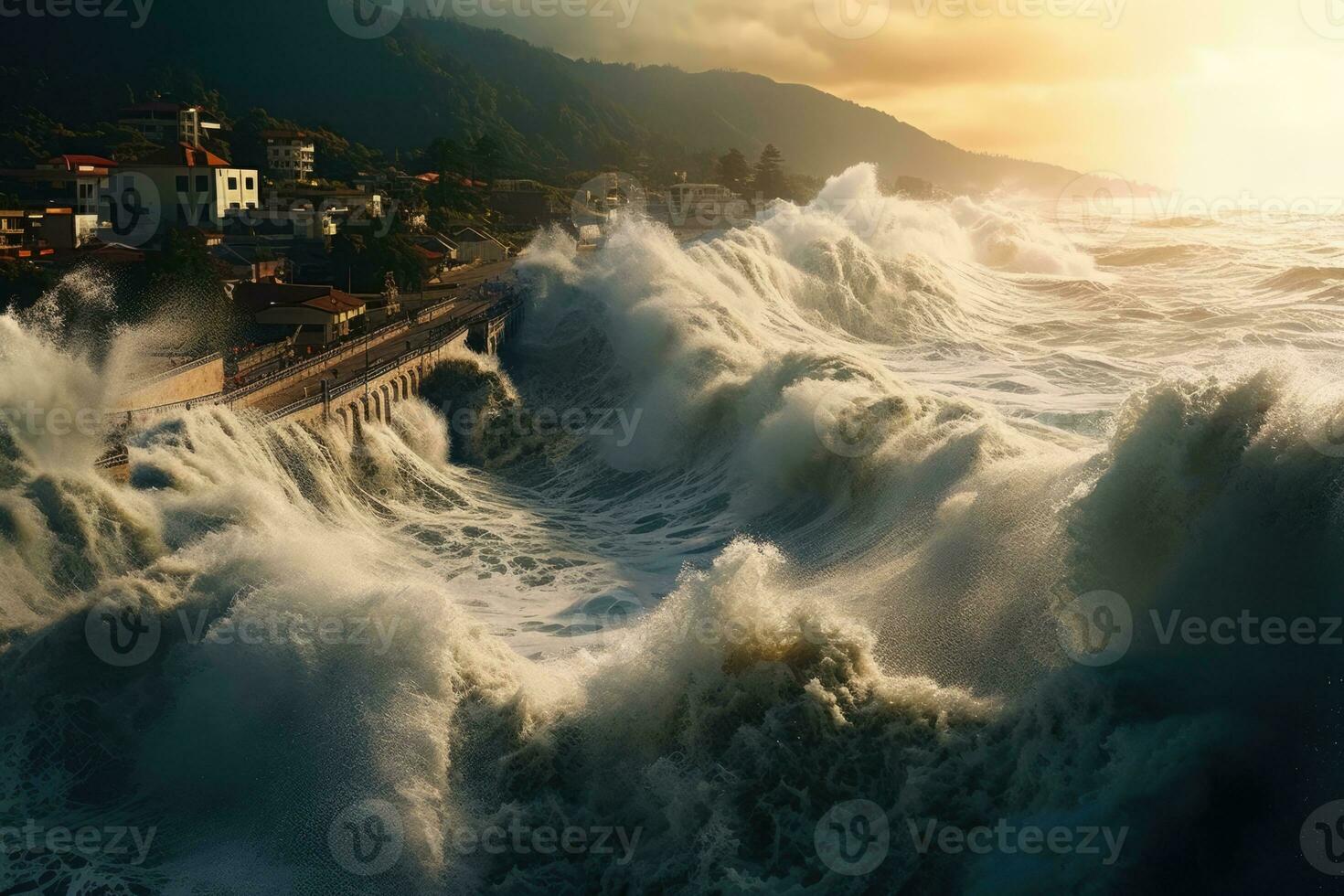 AI Generated Splashing nature weather coastline coast landscape power travel water blue wind beach photo