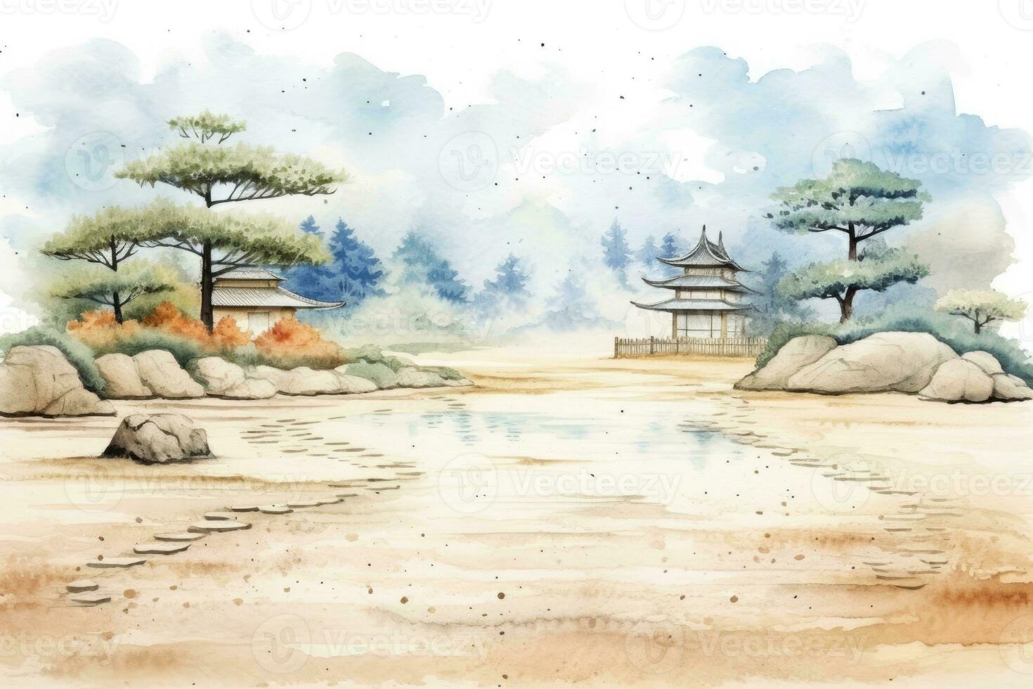 AI Generated Chinese temple nature watercolor japan culture building art tourism japanese asia photo