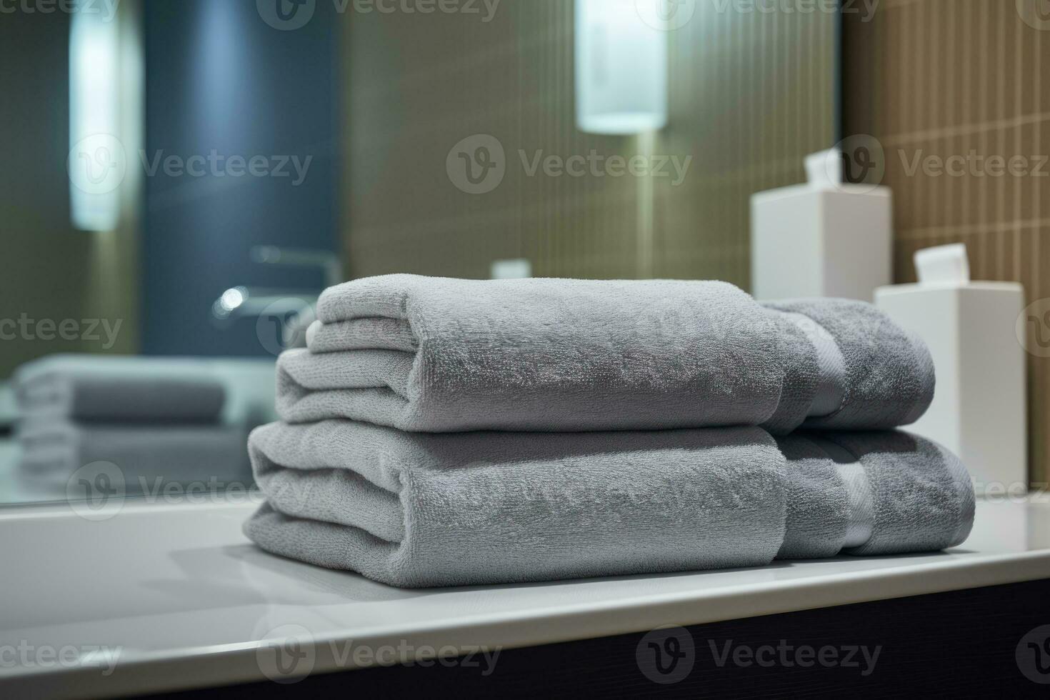 AI Generated Cotton stack laundry shower hygiene care bathroom clean home textile white fabric towel photo