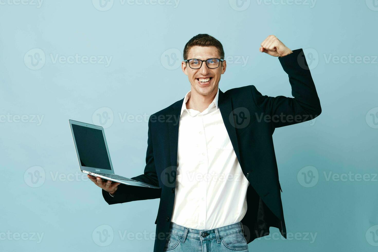 Background man young working excited adult professional computer businessman guy portrait person photo