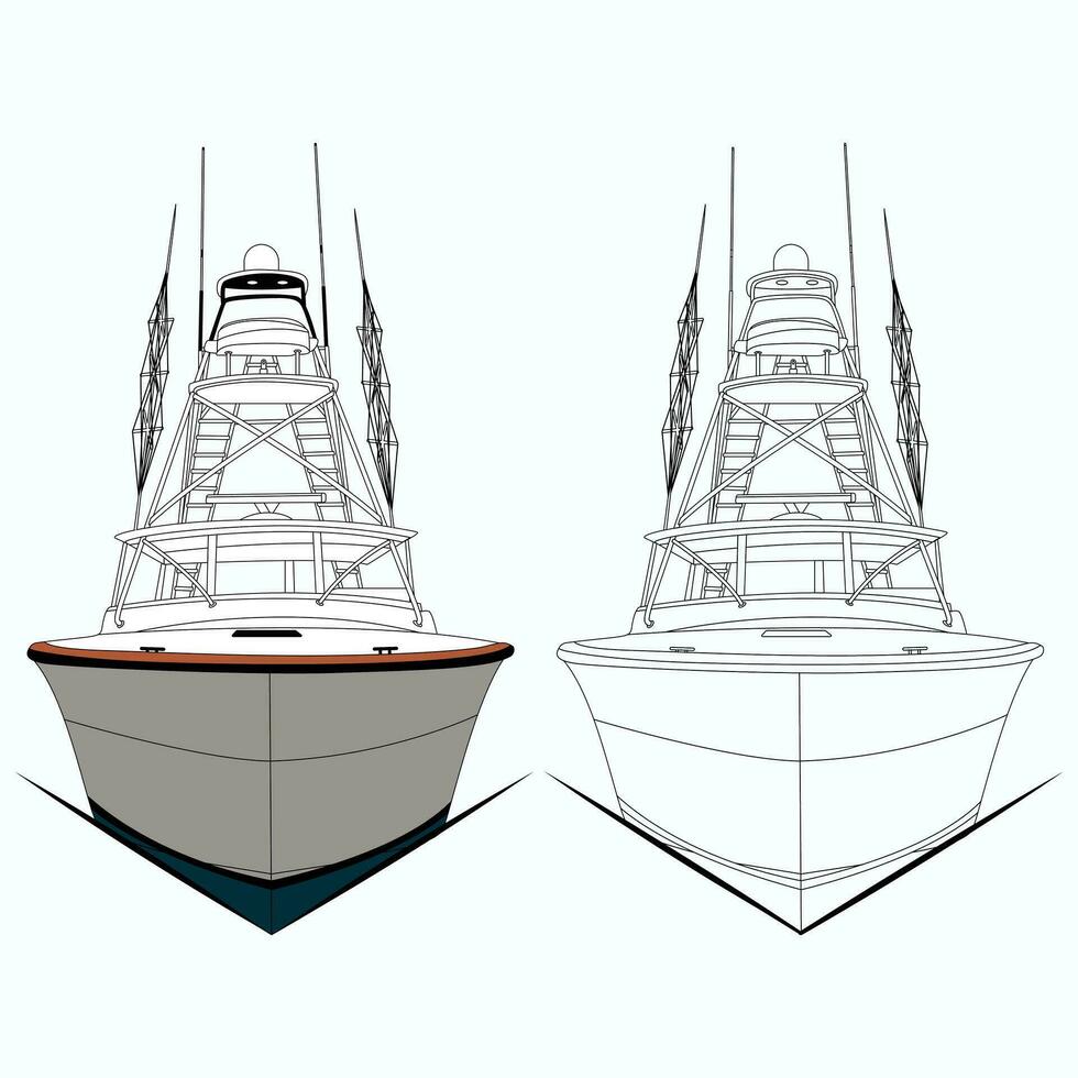 Front view fishing boat vector line art illustration.