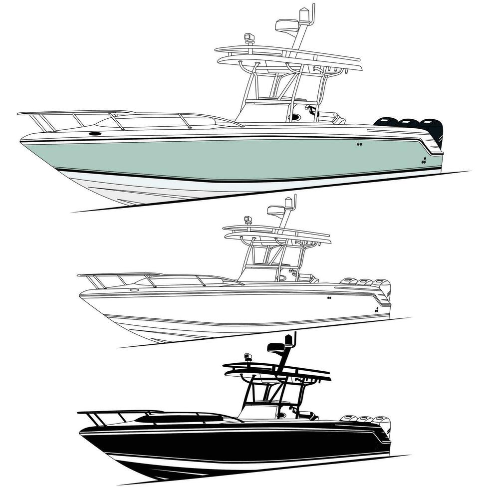 Side view fishing boat vector line art illustration, and one color.