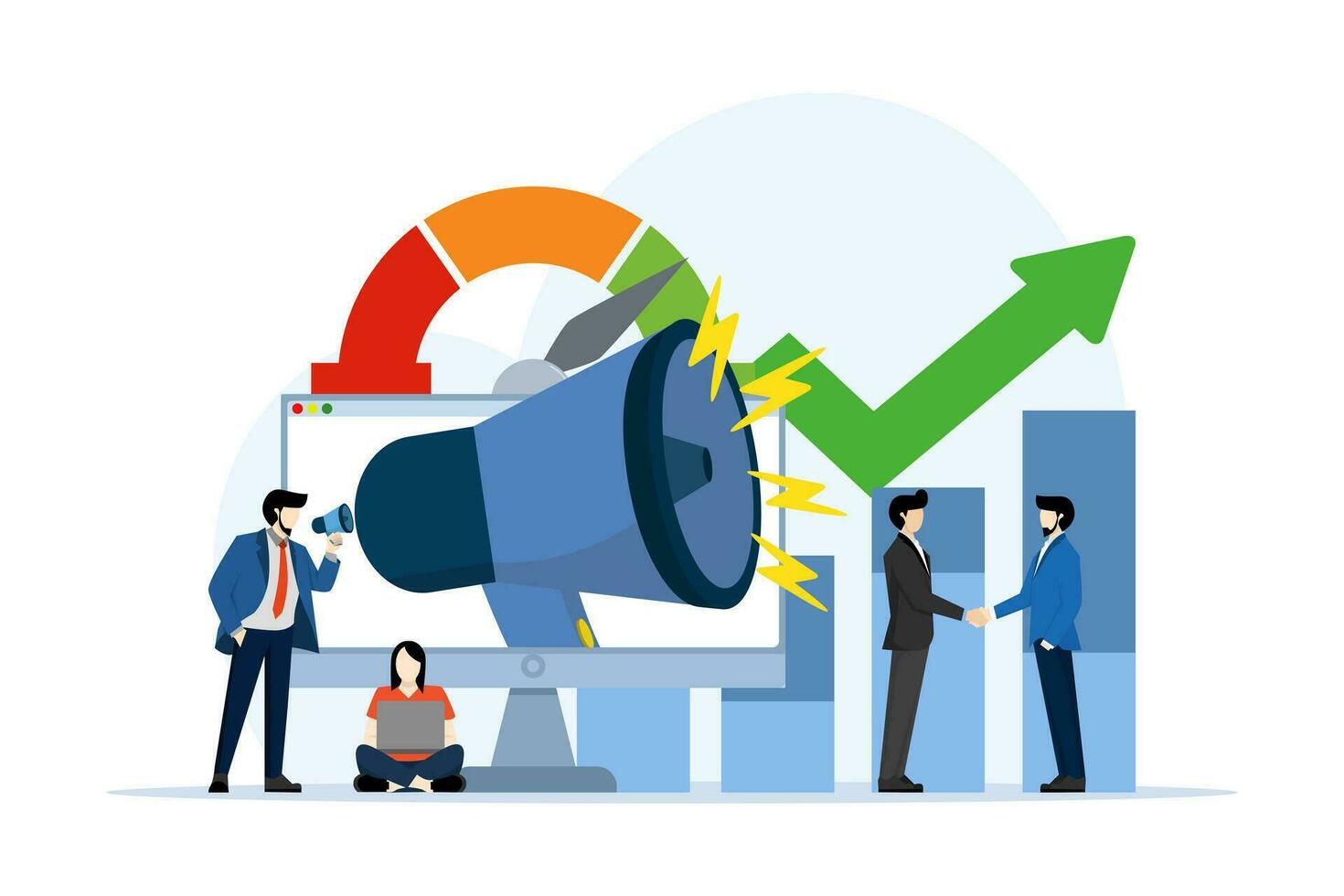 concepts of marketing, promotion, impactful communication and digital marketing. Big laptop and noisy megaphone, Speaker announces news to target audience. flat vector illustration.
