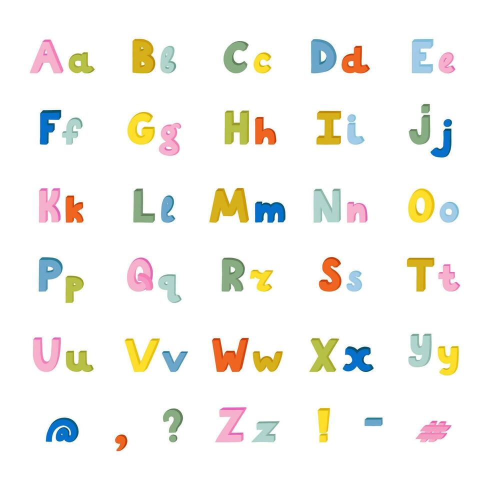 Cute funky 3d alphabet set with volume. Big collection of bold font with shadow. Funny latin ABC with uppercase and lowercase letters, punctuation marks for book cover, logotype, festival headline. vector