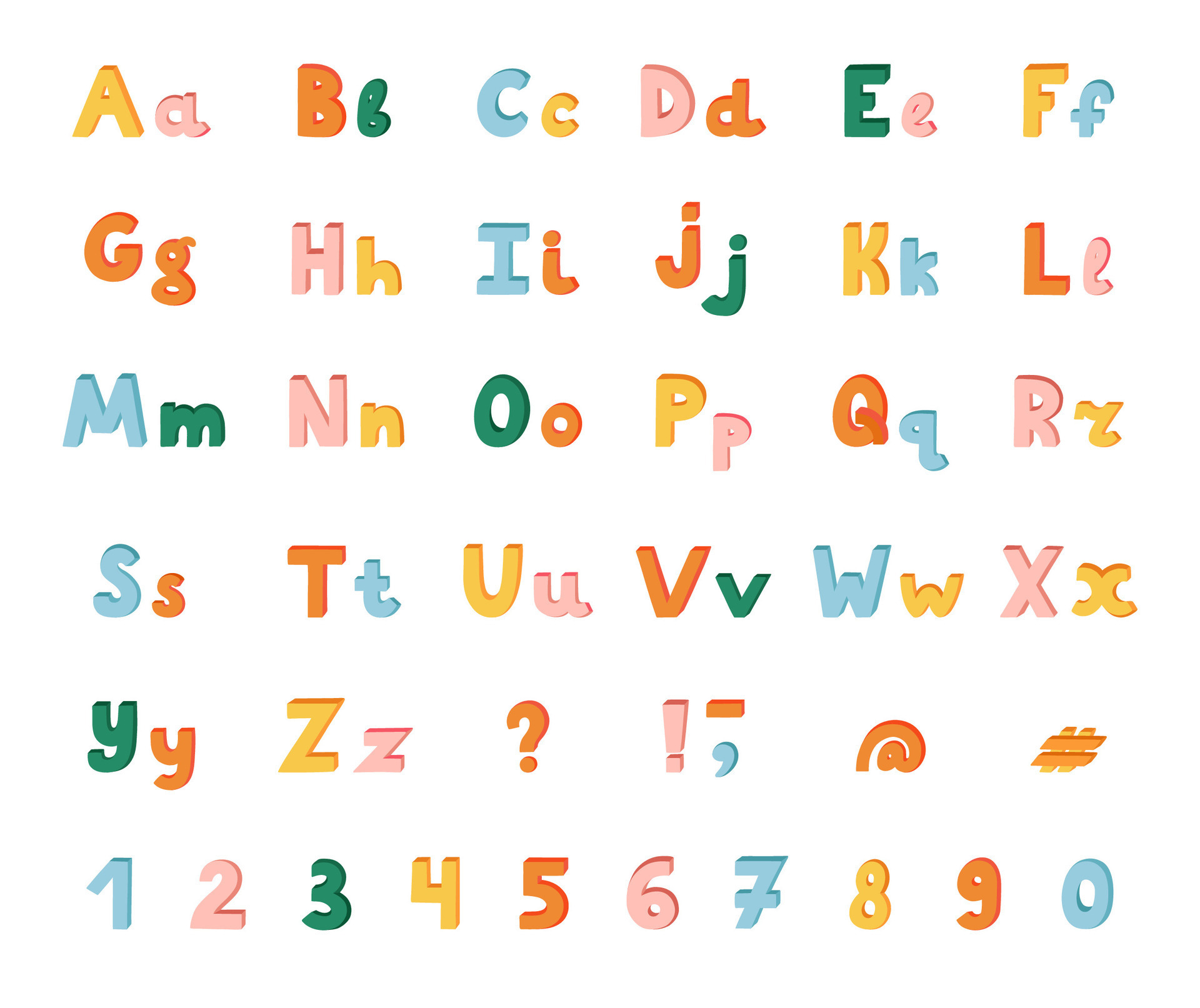 Cute funky 3d alphabet set. Bold font with shadow. Funny latin ABC