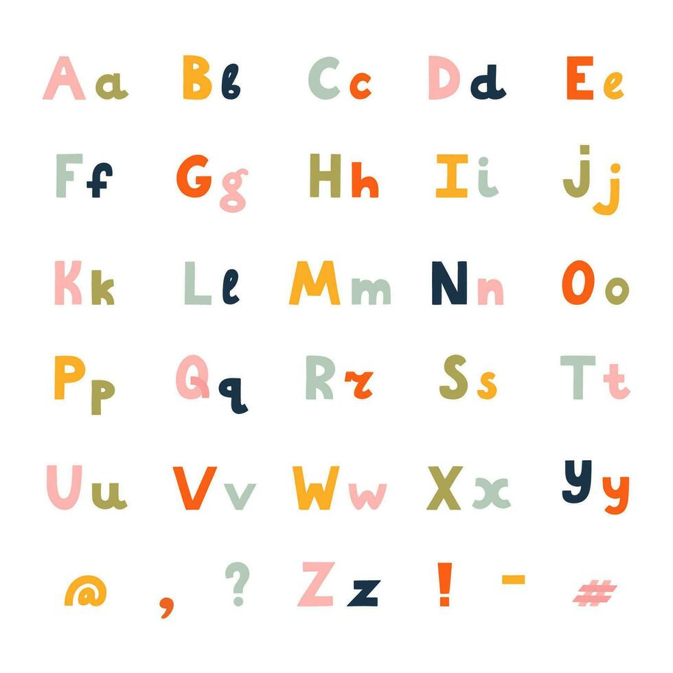 Cute funky 3d alphabet set with uppercase and lowercase letters, punctuation marks. Big collection of bold playful font. Funny latin ABC for book cover, logotype, festival headline vector