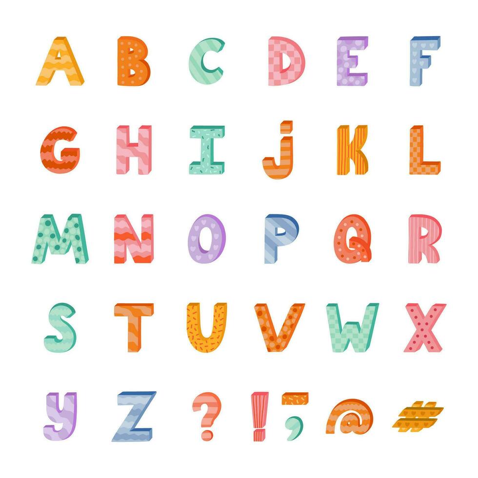 Cute funky 3d alphabet set with memphis decoration. Patterned bold font with shadow. Funny latin ABC with uppercase letters and punctuation marks for cover, logotype, festival headline, greeting card vector