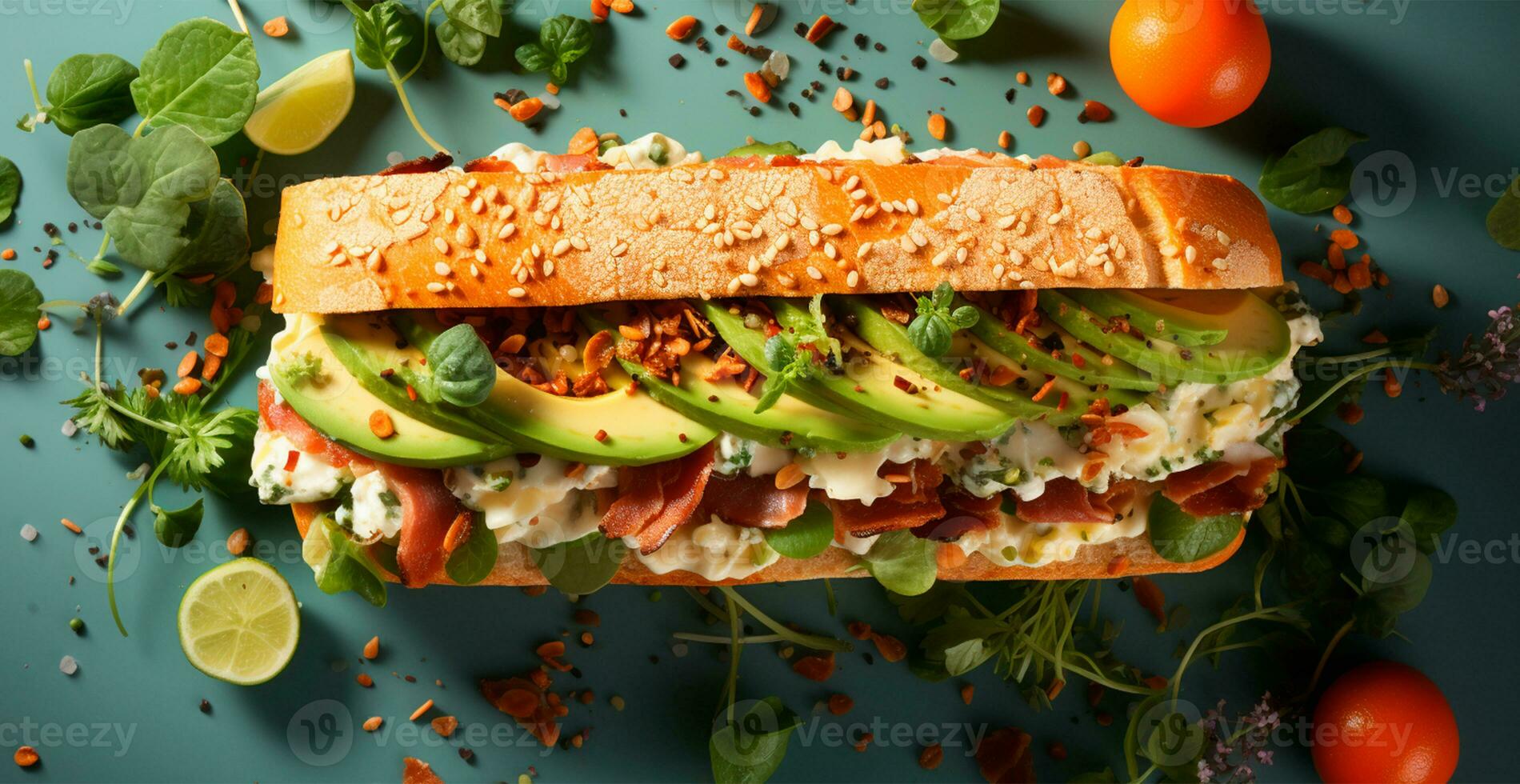 ai generado emparedado con aguacate y verduras, rápido bocadillo - ai generado imagen foto