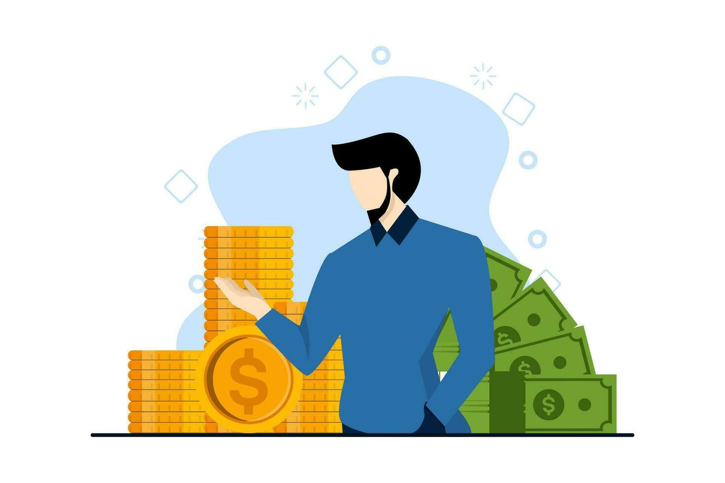 concept of investment in business, Investor or businessman earning income, character with pile of cash, sack and wallet, vector illustration for finance, money, financial success, profit.