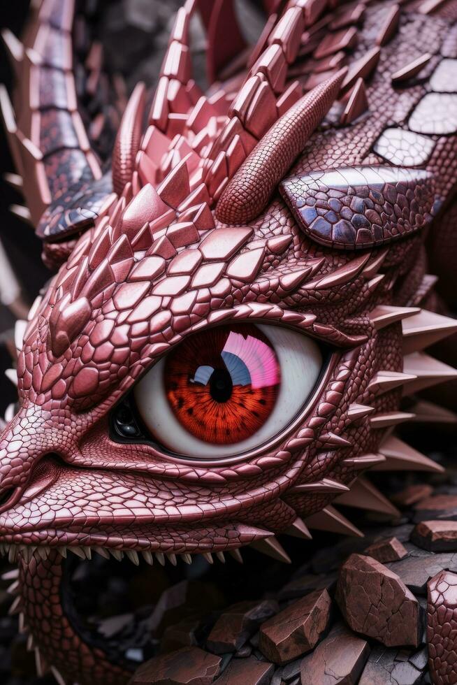 AI generated Closeup of a red dragon head with orange eyes in the background photo