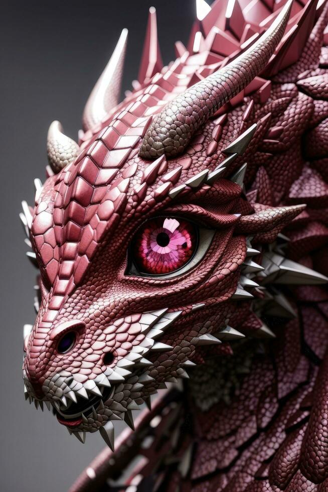 AI generated close up of pink dragon head on black background, 3d illustration photo