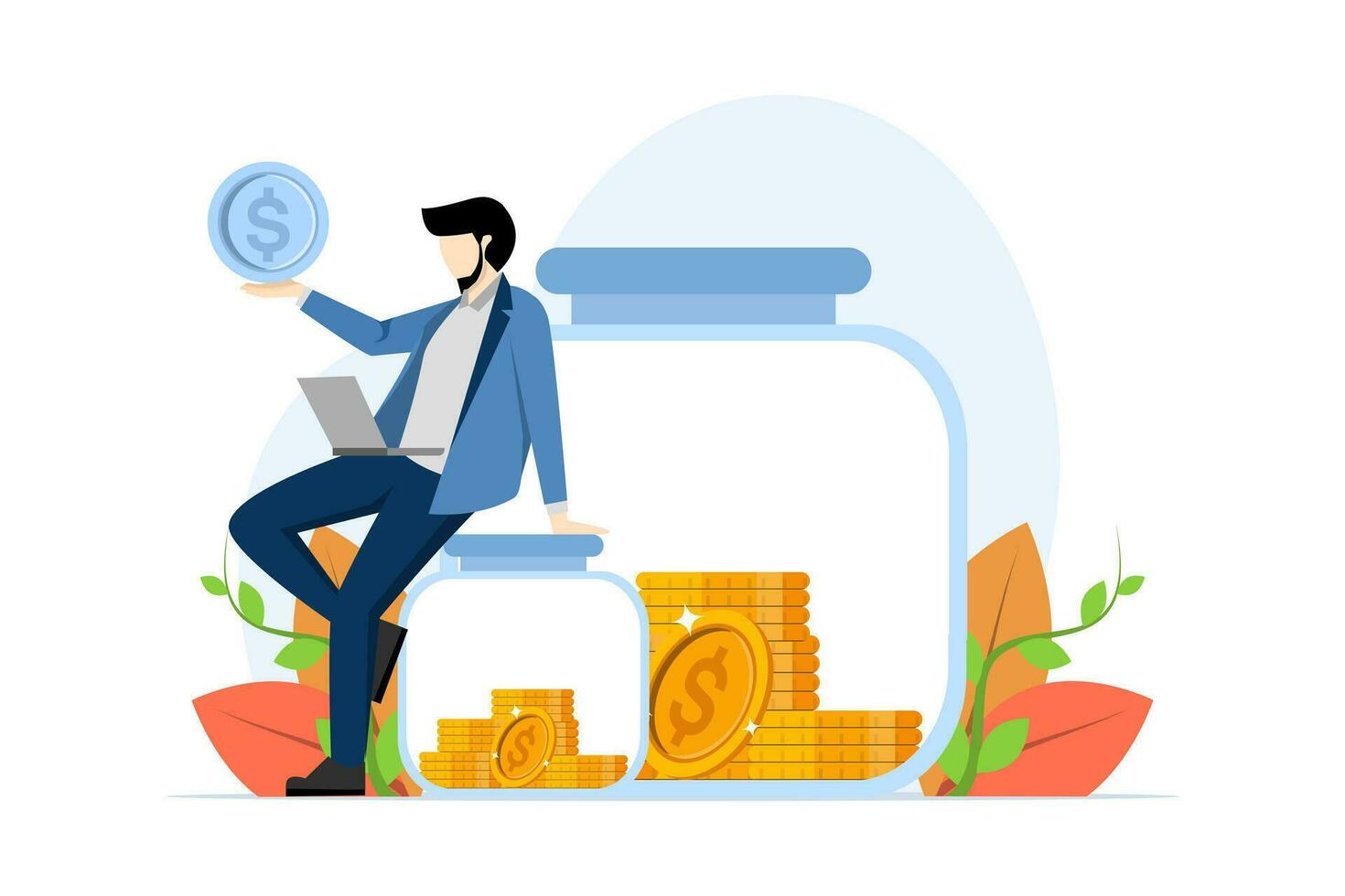 Savings or investment concept. people saving, Man with laptop sitting on glass jar with money inside, finance, deposit, economy, investment, banking. flat vector illustration on white background.