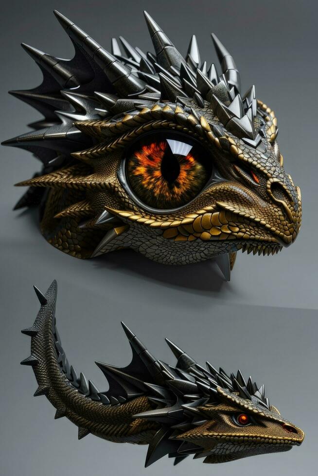 AI generated Dragon head in black and gold on a gray background. 3d rendering photo