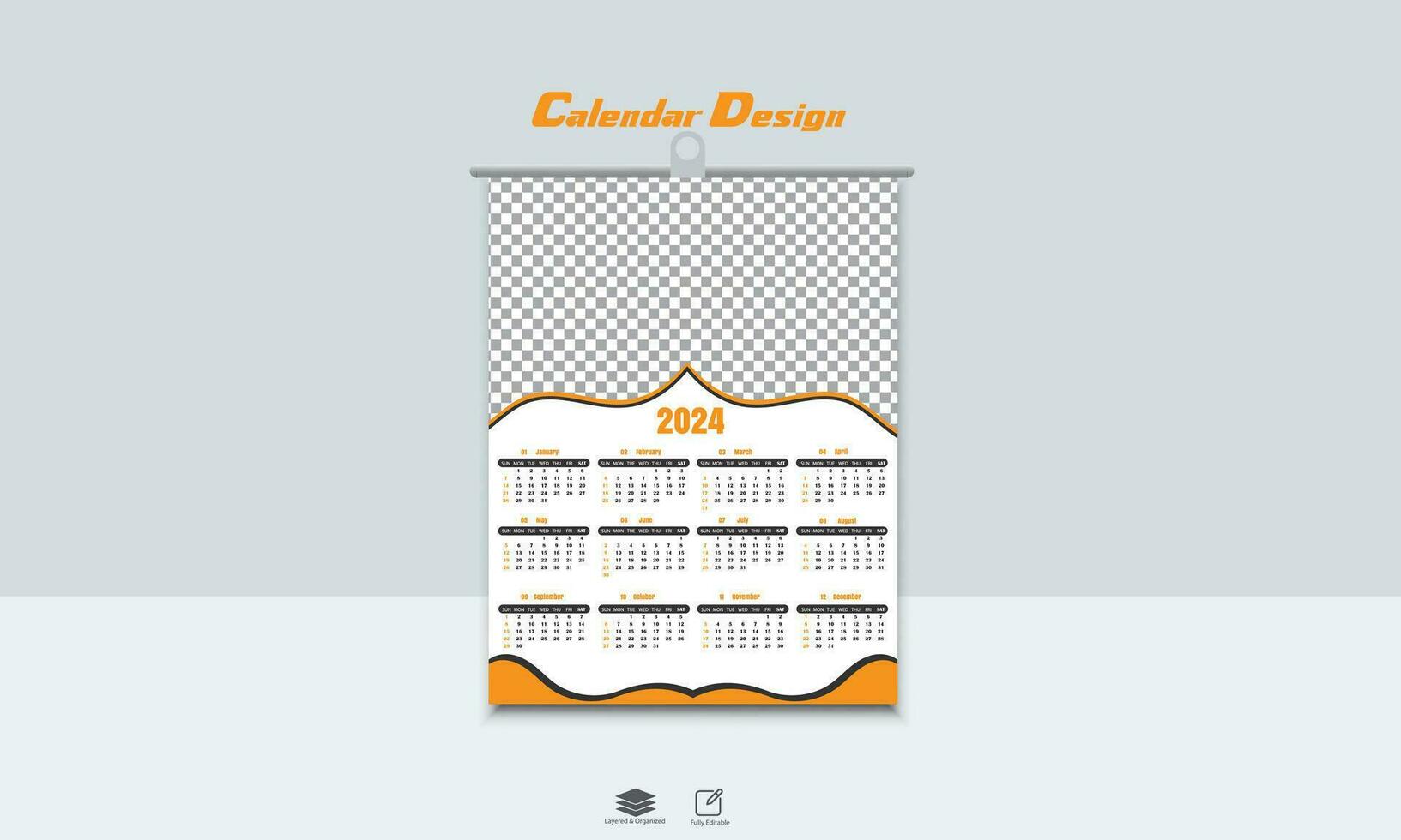 moderno pared calendario diseño 2024. impresión Listo uno página pared calendario modelo diseño para 2024. semana empieza en domingo vector