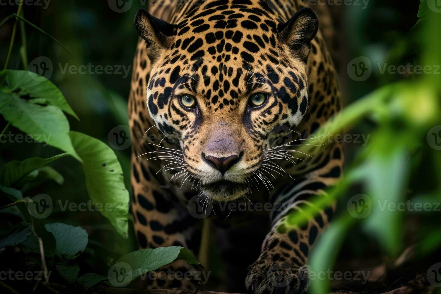 ai generado amarillo grande retrato carnívoro depredador felino al aire libre jaguar pantera gato cazador salvaje foto