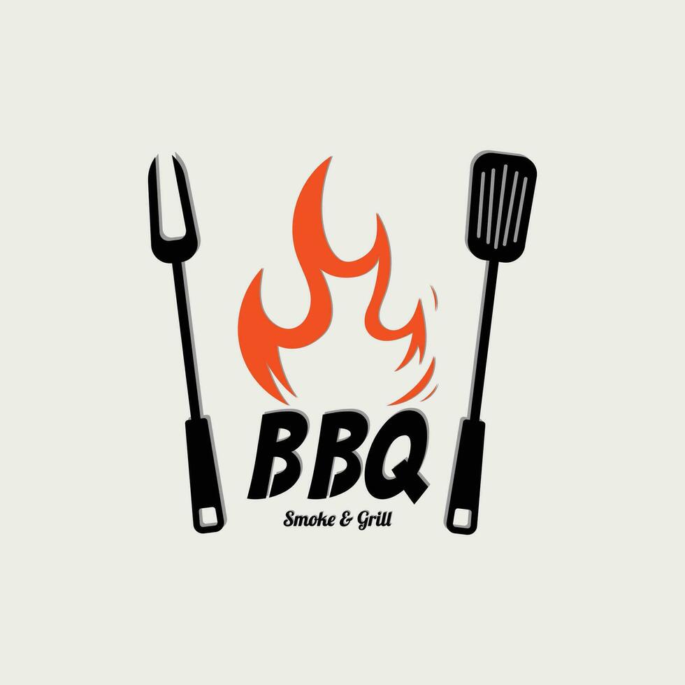 Barbecue BBQ Smoke and Grill Vintage Design Template With Crossed Spatula and Flame. vector