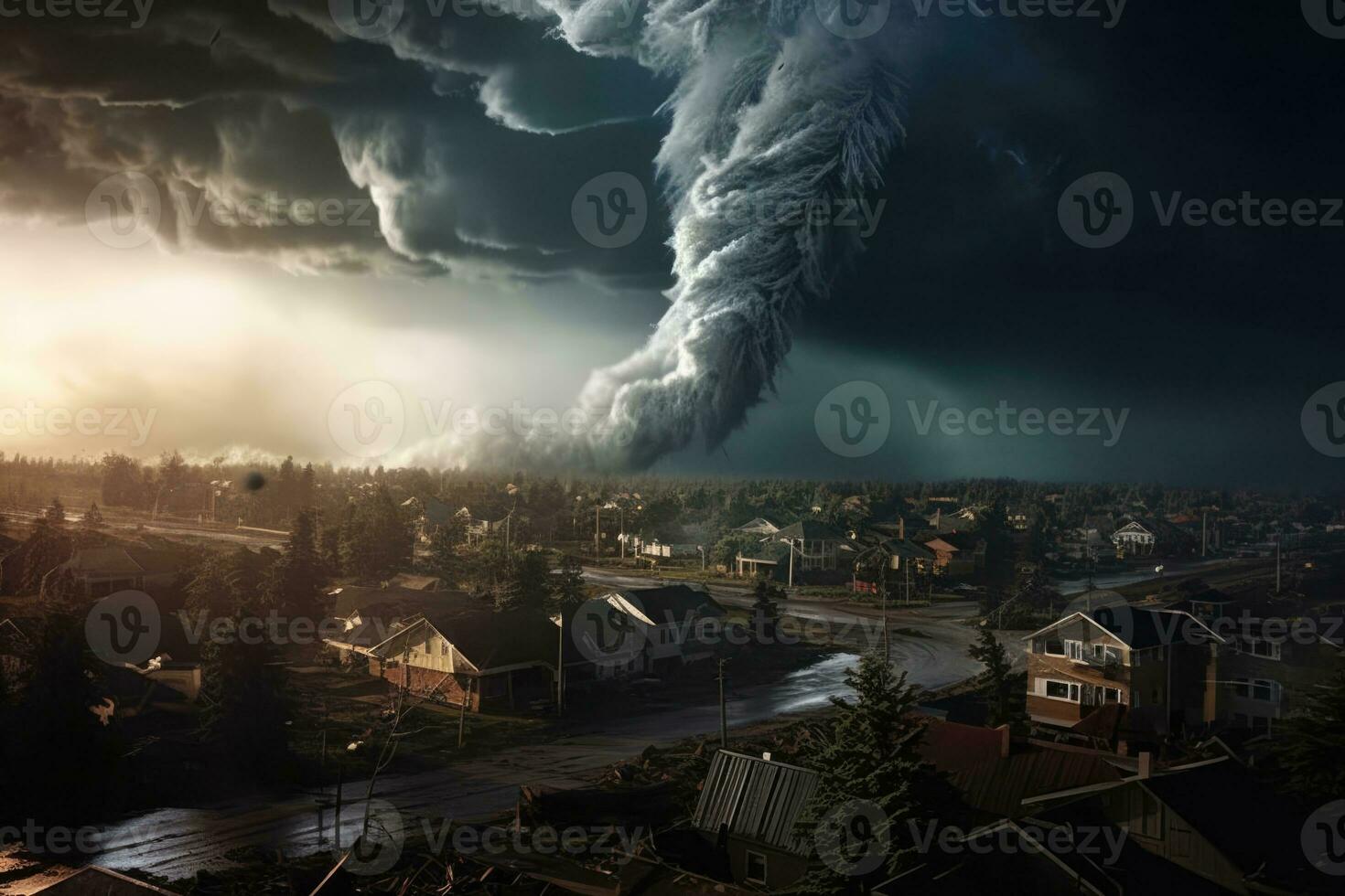 AI Generated Apocalypse storm light art landscape illustration fantasy background mountain dark city photo