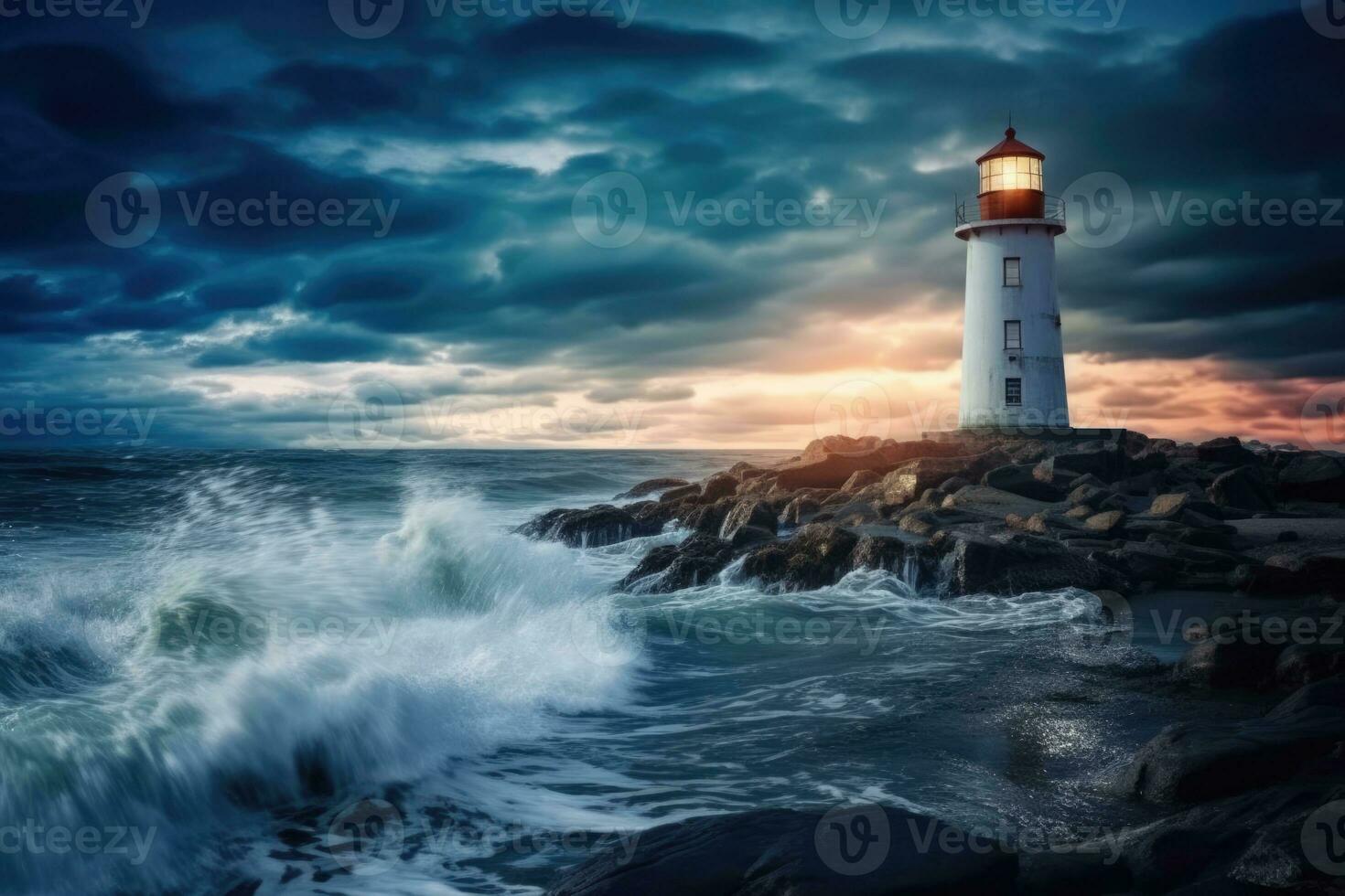 AI Generated Coastline water nature lighthouse wave atlantic blue storm cloud night dark sea light photo