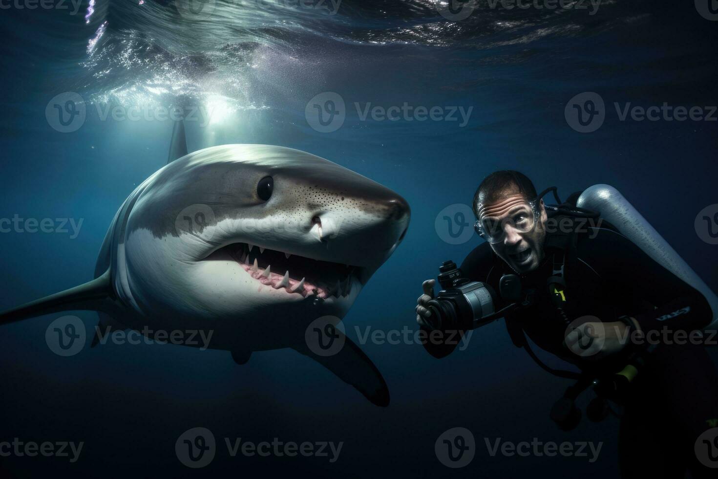 ai generado naturaleza buzo submarino nadando marina azul escafandra autónoma mandíbulas mar pescado Oceano animal depredador foto