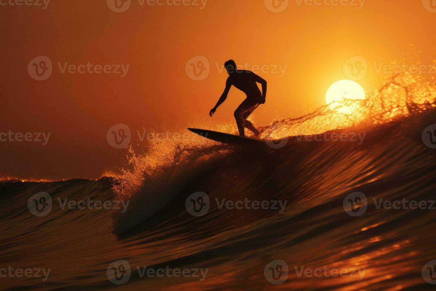 AI Generated Man sunset ocean wave water silhouette surfboard surfing sea male athlete sport summer photo