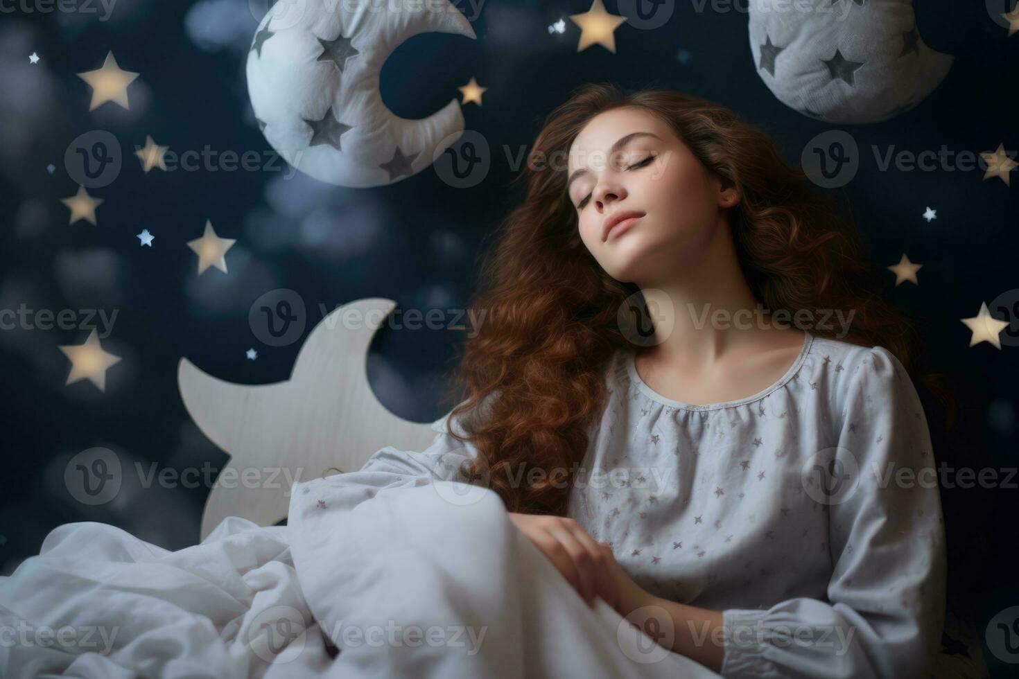 ai generado almohada sueño descanso adulto dormitorio caucásico belleza persona Mañana dama dormir estilo de vida foto