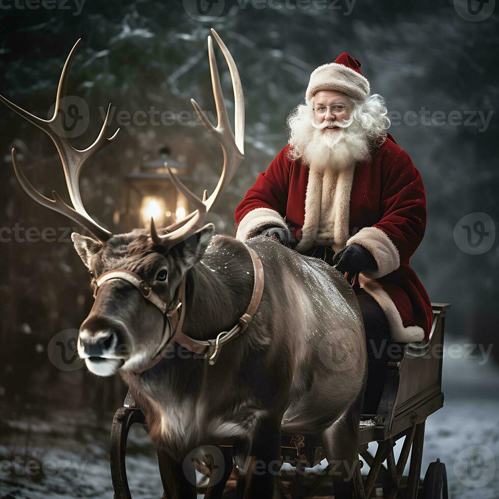 AI generated Merry christmas greeting text with santa claus riding generated by Ai photo