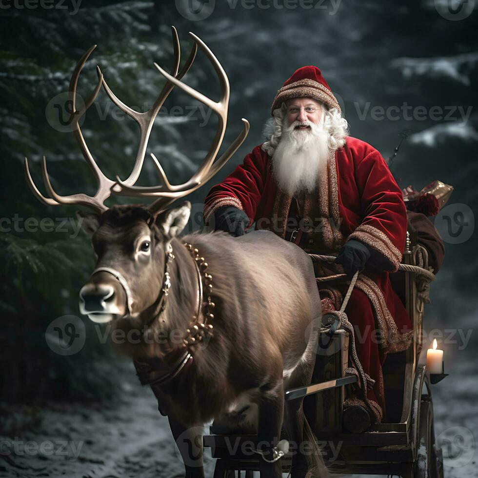 AI generated Merry christmas greeting text with santa claus riding generated by Ai photo