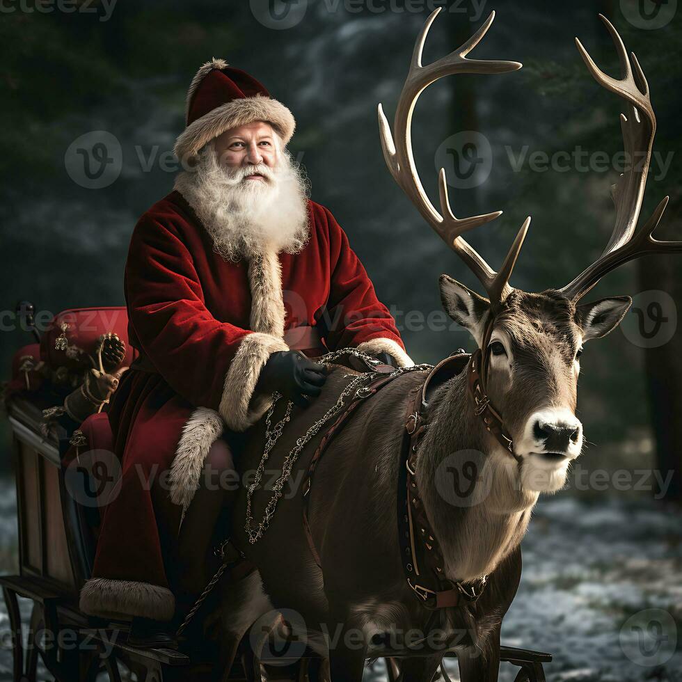 AI generated Merry christmas greeting text with santa claus riding generated by Ai photo