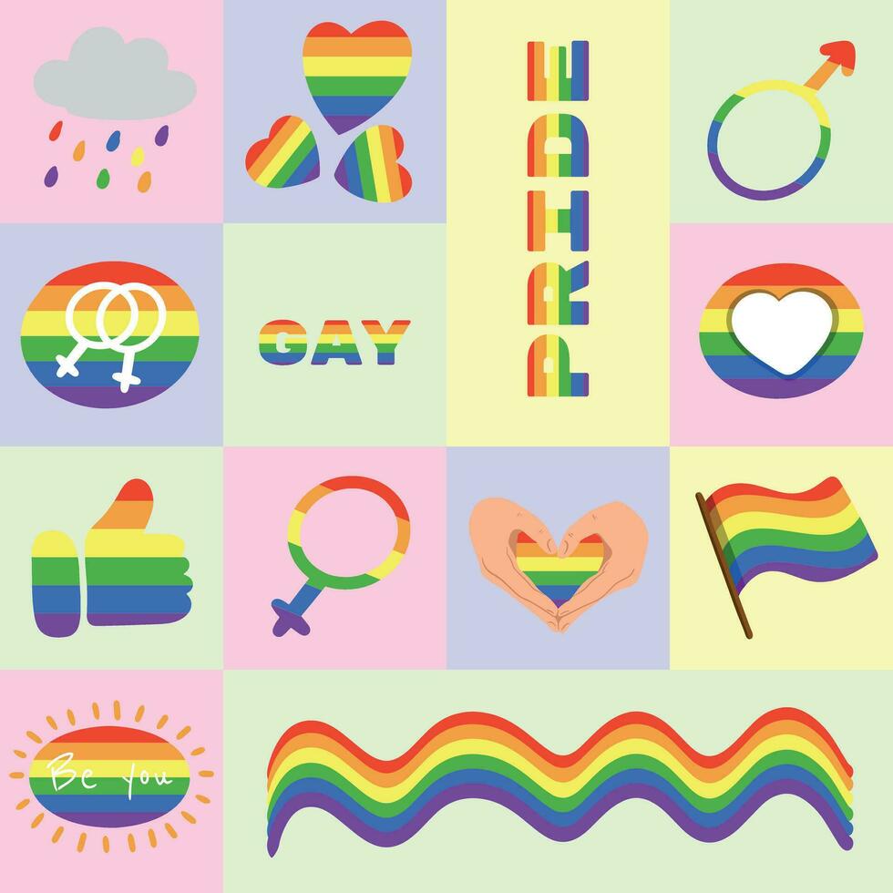 Gay Pride month banner background. Seamless pattern with doodle elements and spectrum flag rainbows. LGBT rights concept. Modern parades poster, placard, invitation card design vector