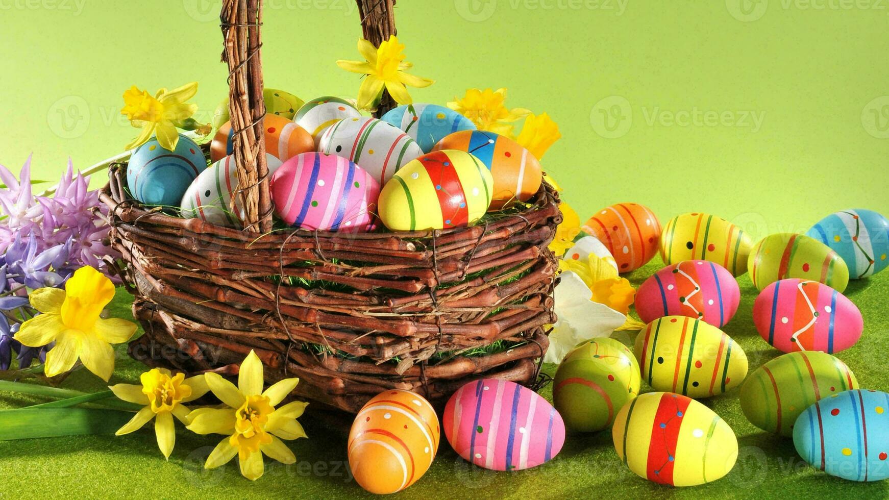Colourful Easter Eggs. Vibrant, Festive Holiday Decorations Symbolizing Spring Celebration and Traditional Ornate Designs photo
