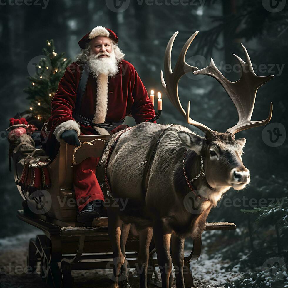 AI generated Santa Claus drives sleigh with reindeer isolated generated by Ai photo