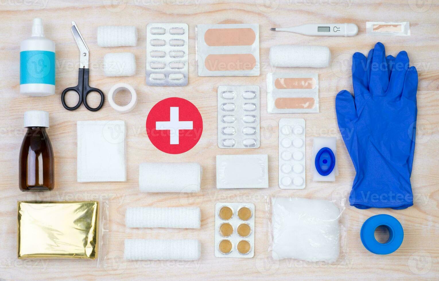 Emergency First Aid Kit, Medical Emergency Supplies for Health Care and Safety, Isolated for Rescue and Treatment Support photo