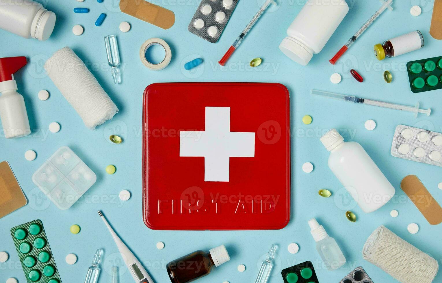 Emergency First Aid Kit, Medical Emergency Supplies for Health Care and Safety, Isolated for Rescue and Treatment Support photo