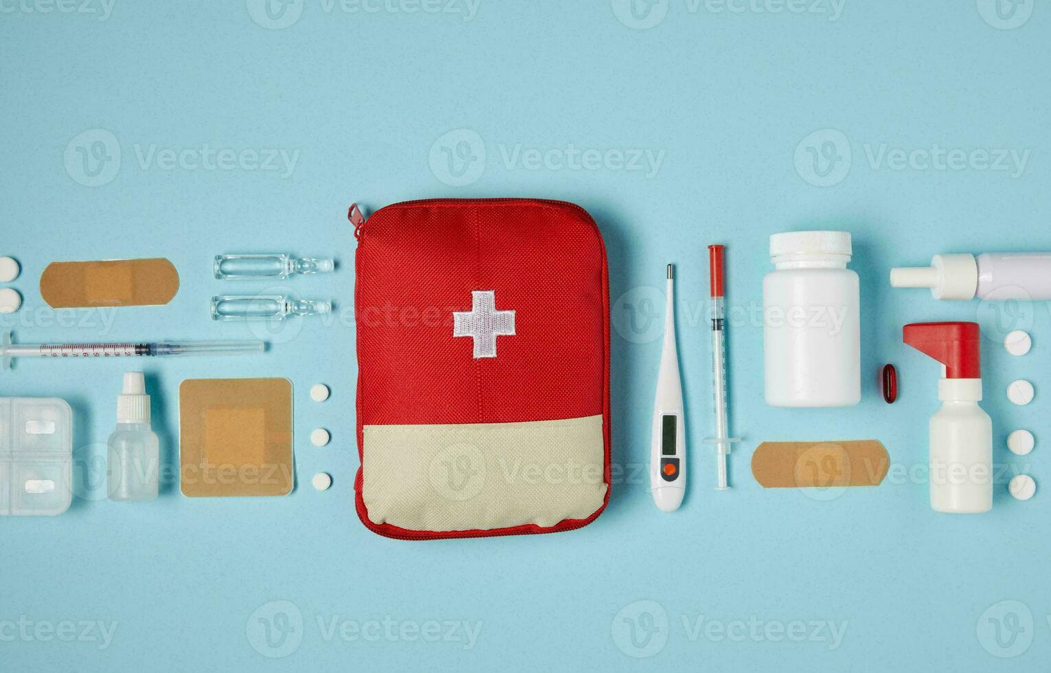 Emergency First Aid Kit, Medical Emergency Supplies for Health Care and Safety, Isolated for Rescue and Treatment Support photo