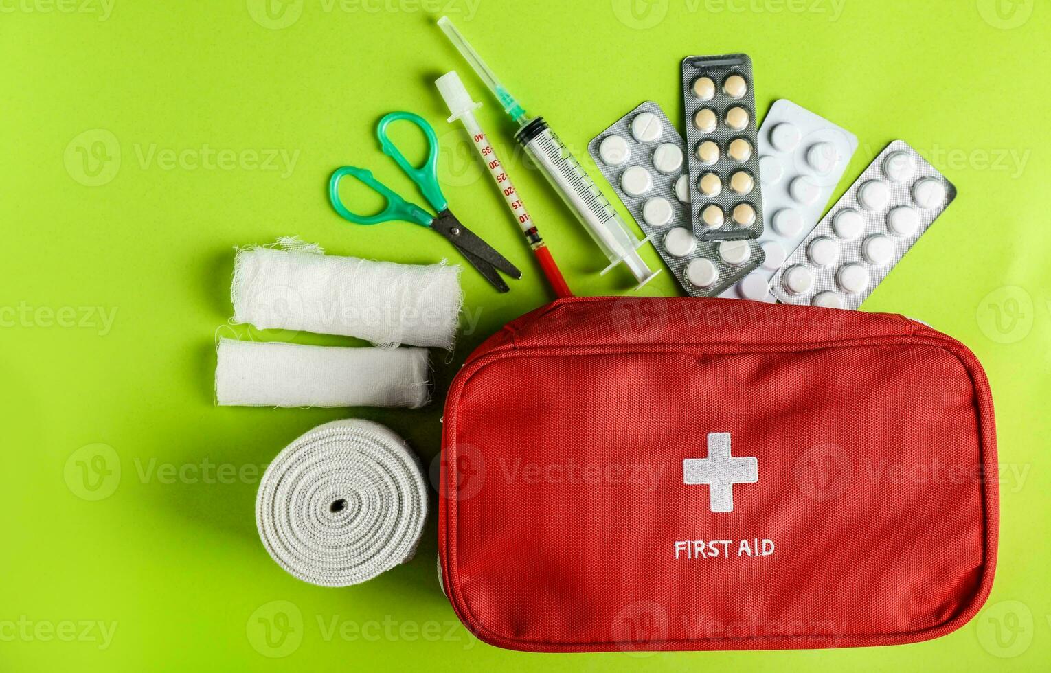 Emergency First Aid Kit, Medical Emergency Supplies for Health Care and Safety, Isolated for Rescue and Treatment Support photo