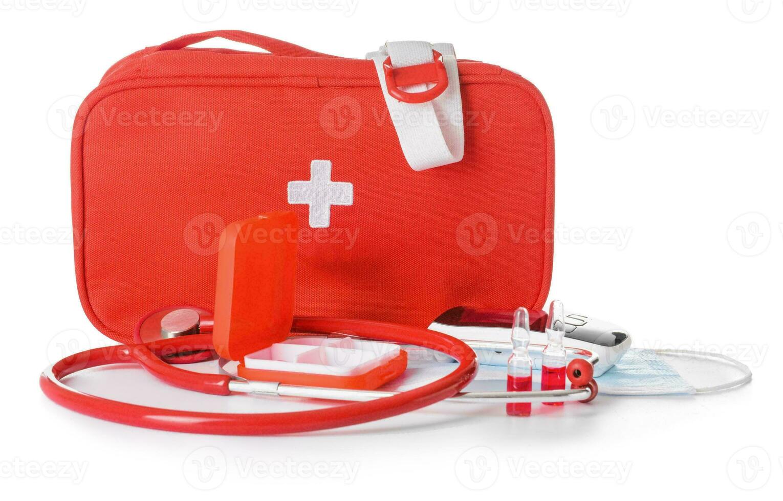 emergencia primero ayuda equipo, médico emergencia suministros para salud cuidado y seguridad, concepto para rescate y tratamiento apoyo foto