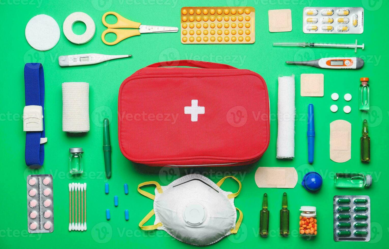 Emergency First Aid Kit, Medical Emergency Supplies for Health Care and Safety, Concept for Rescue and Treatment Support photo