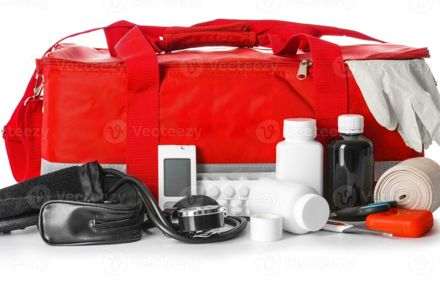 Emergency First Aid Kit, Medical Emergency Supplies for Health Care and Safety, Concept for Rescue and Treatment Support photo