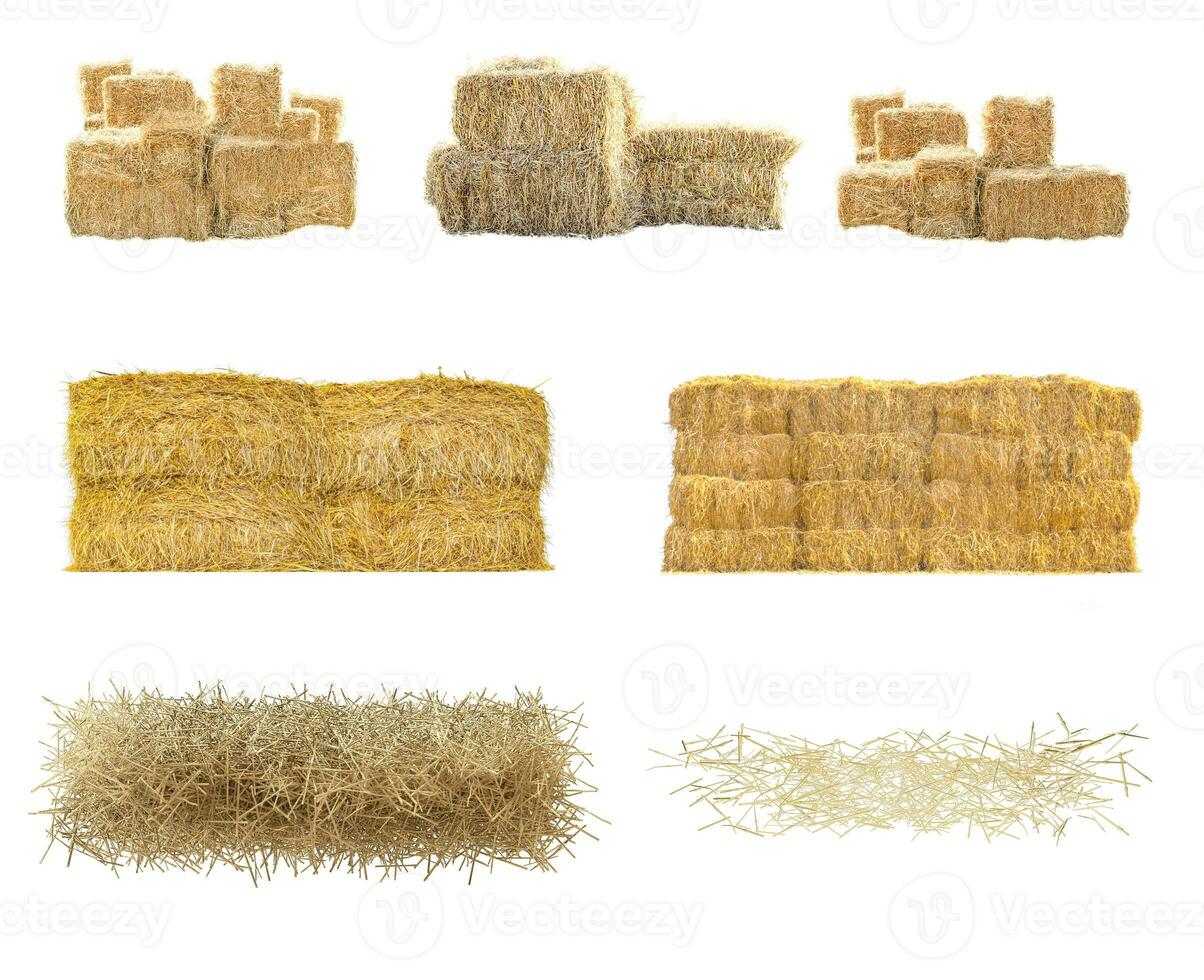 Golden yellow haystack isolated on a white background hay is a tightly joined bale of straw. photo