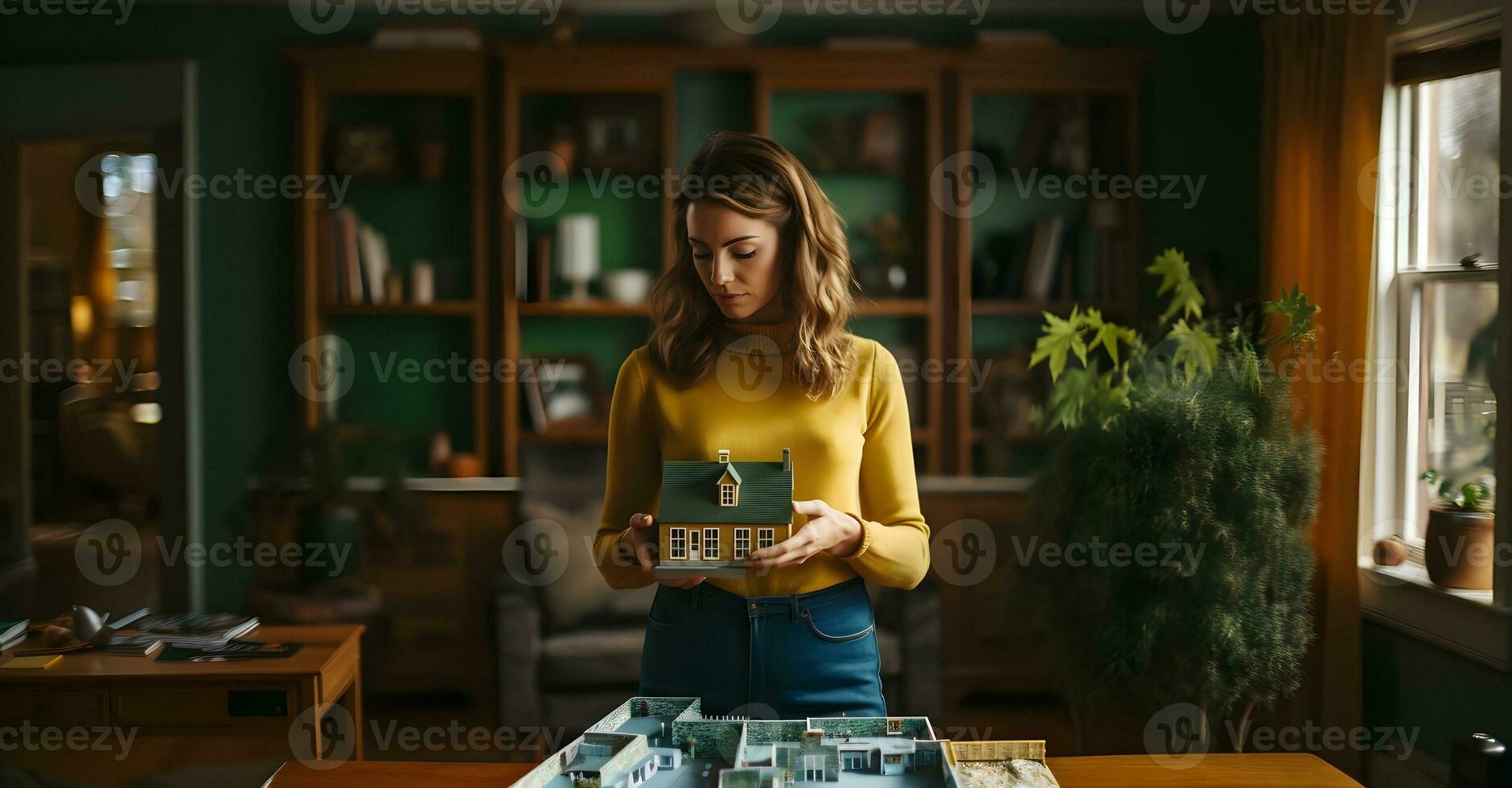 a woman holding a box in front of a table. ai generative photo