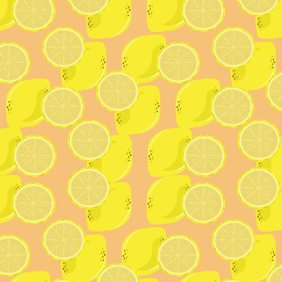 Yellow lemons pattern style on isolated background, with a piece of lemon on isolated orange background. A yellow lemons for textile used in juice concept vector