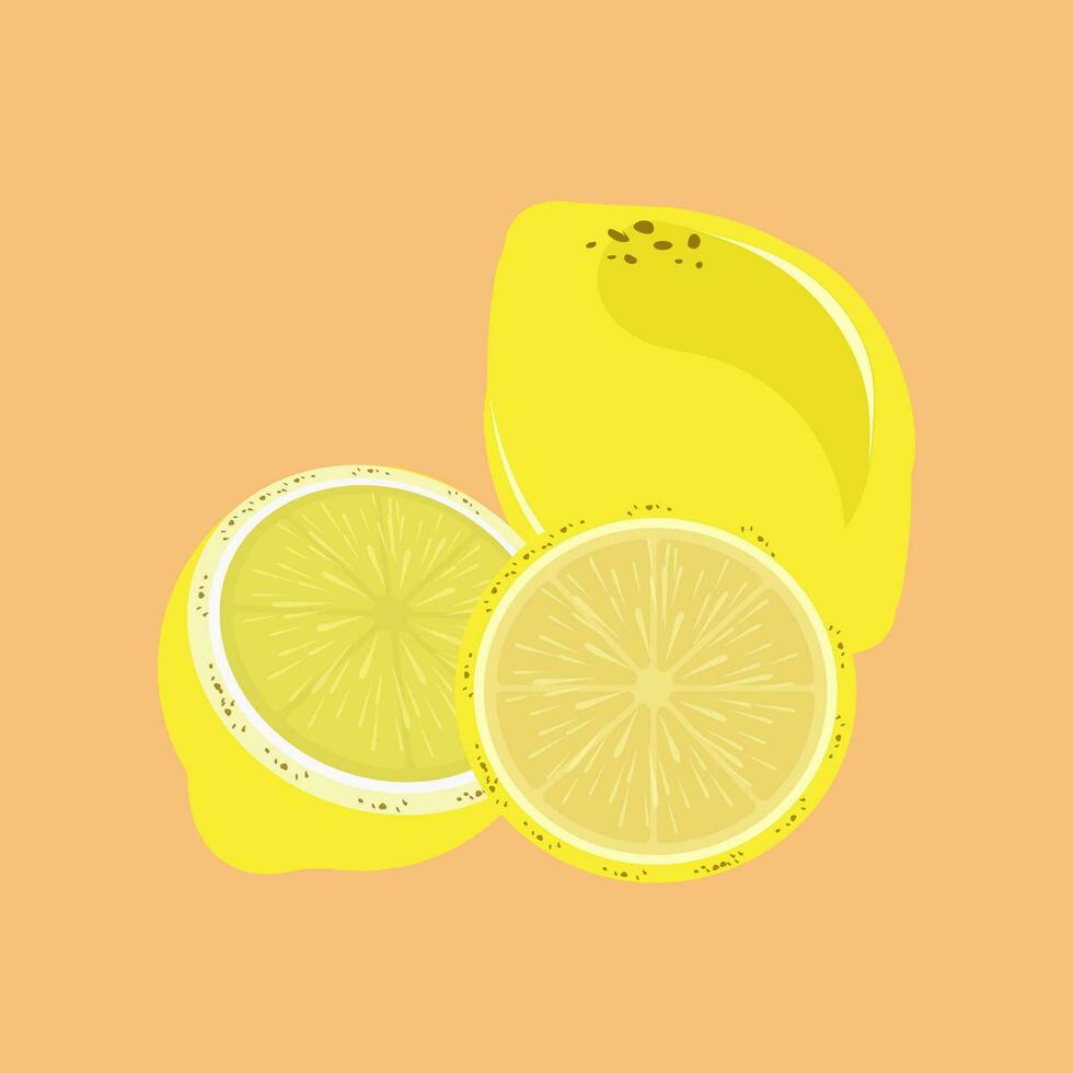 Group of yellow lemon with a piece of lemon on isolated orange background. A yellow lemons for textile used in juice concept vector