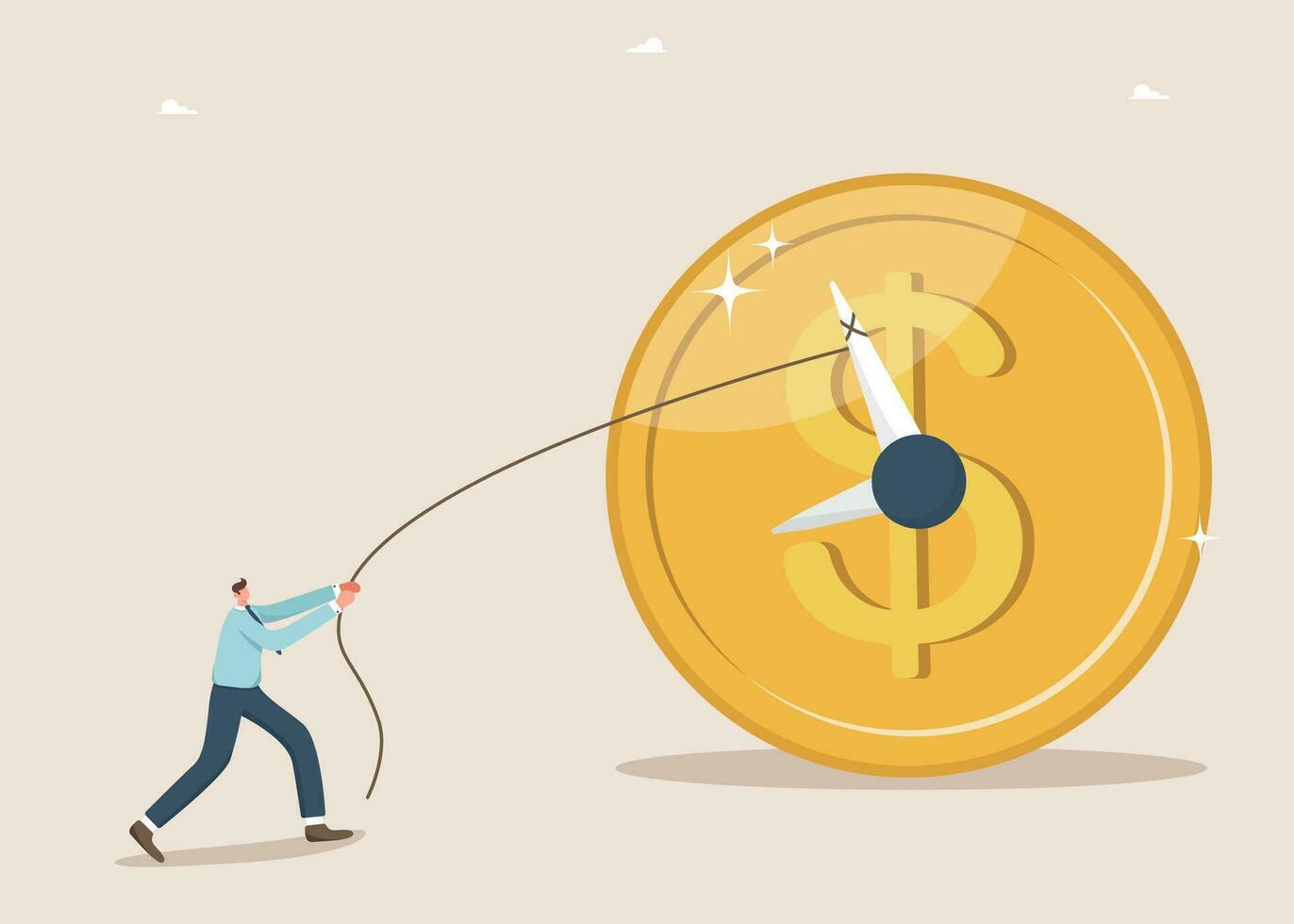 Man pulling clock hands on a coin vector