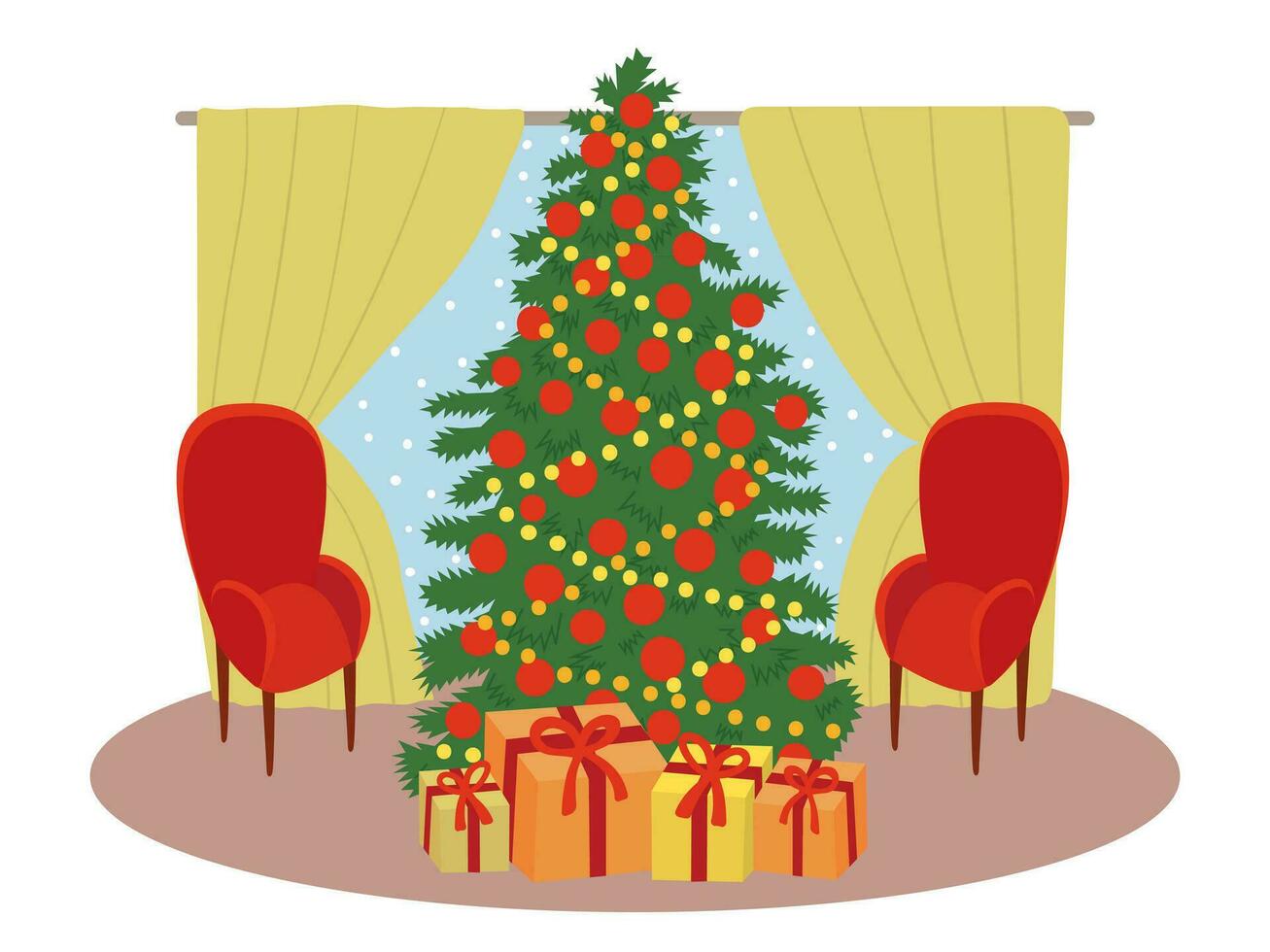 Christmas living room interior. Vector interior with Christmas tree and presents. Curtains, armchair, decor.