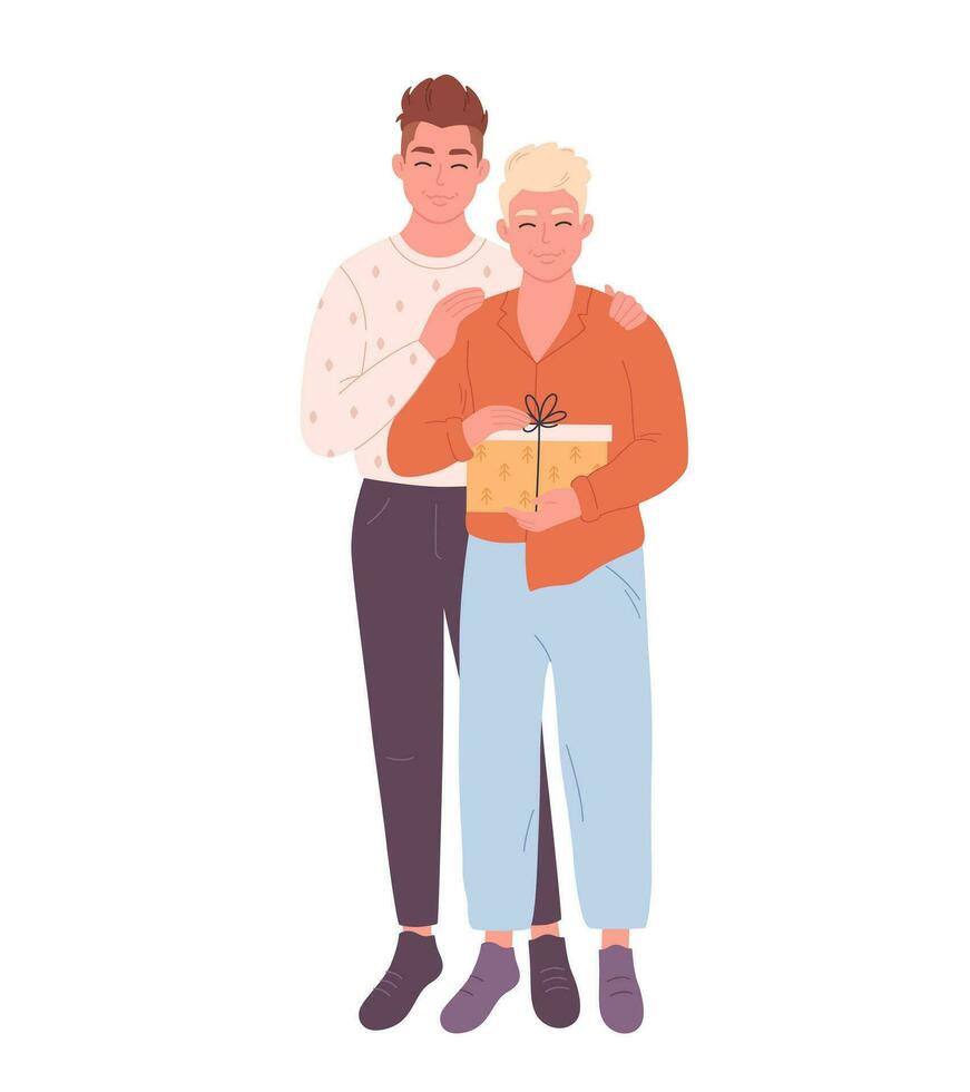Gay couple hugging and giving gift. LGBT family. Boxing Day. vector